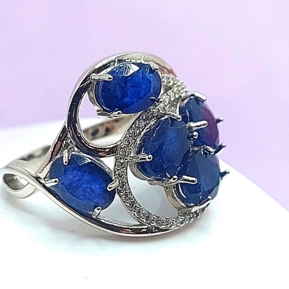 Natural Sapphire 7x5mm & CZ 925 Sterling Silver Ring Size 7.75